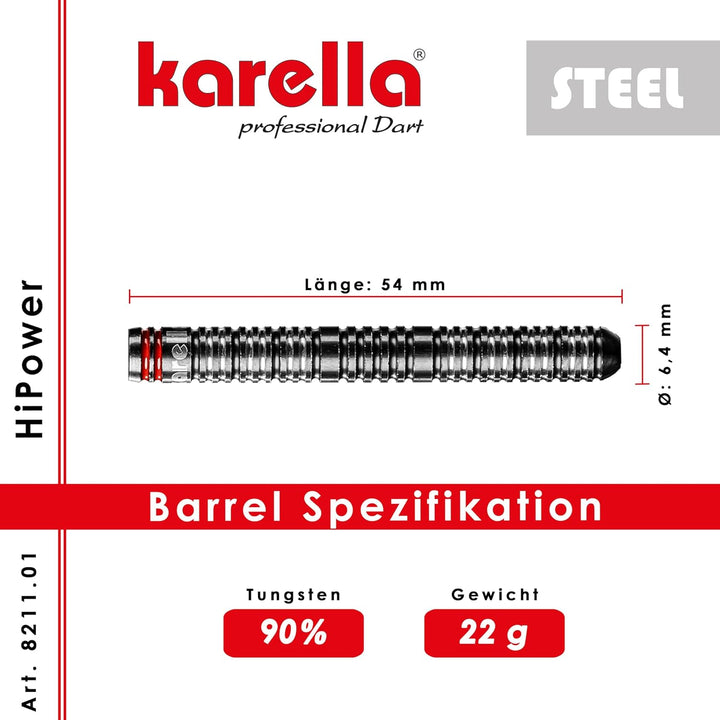 Karella HiPower 90% Tungsten Steeldart, 22g, 24g, für Klassische Dartscheibe, 3 Dartpfeile mit Metal
