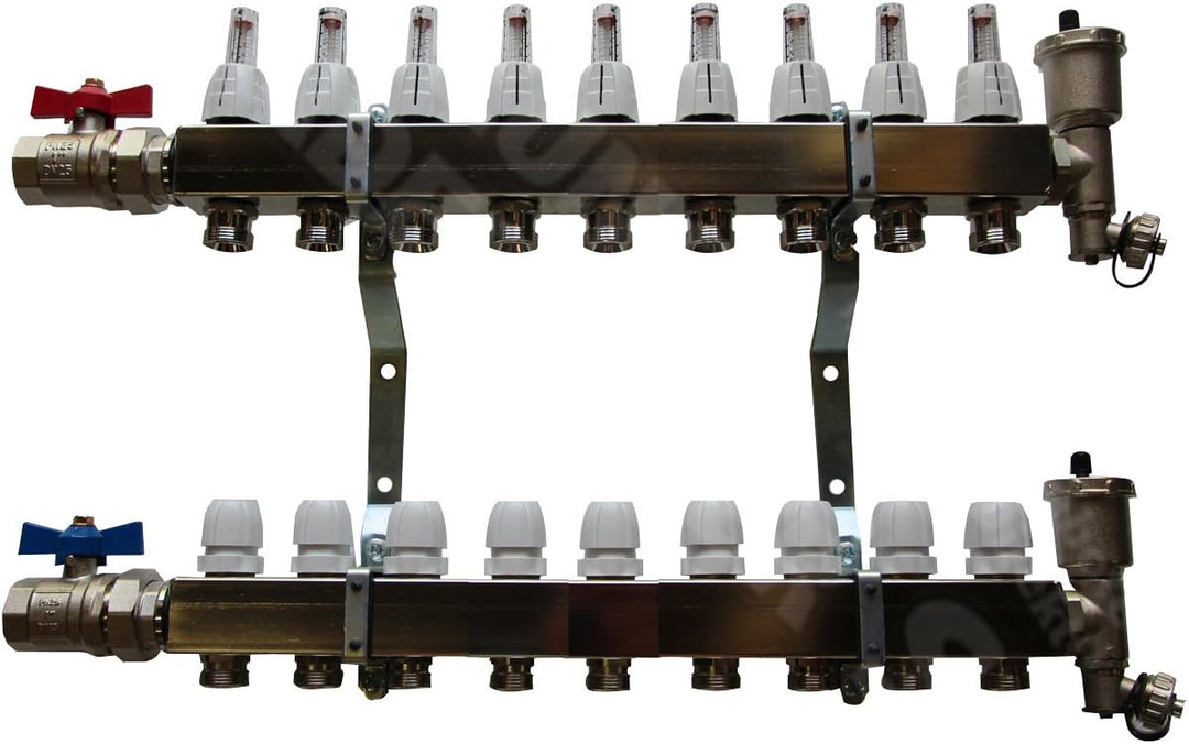 Heizkreisverteiler Edelstahl mit Durchflussanzeige für Fussbodenheizung von EasyTHERM (9 Heizkreise)