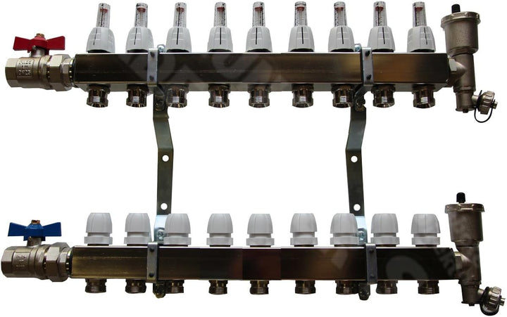 Heizkreisverteiler Edelstahl mit Durchflussanzeige für Fussbodenheizung von EasyTHERM (9 Heizkreise)