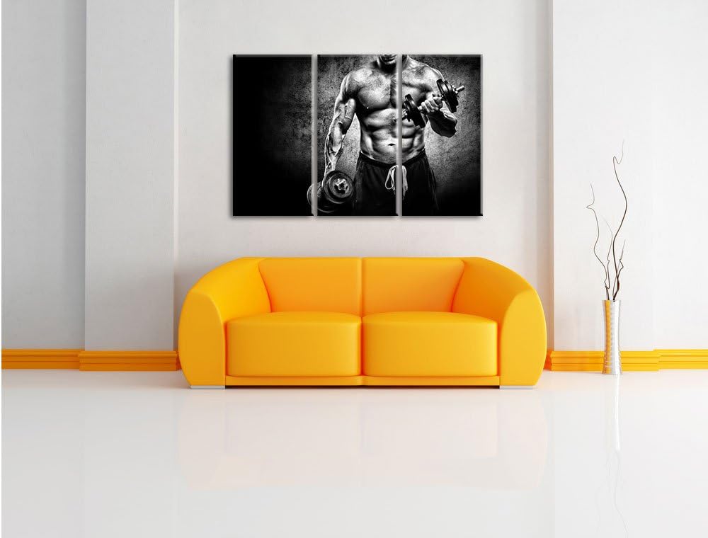 Pixxprint Monocrome, Starker Bodybuilder mit Hantel 3-Teiler Leinwandbild 120x80 Bild auf Leinwand