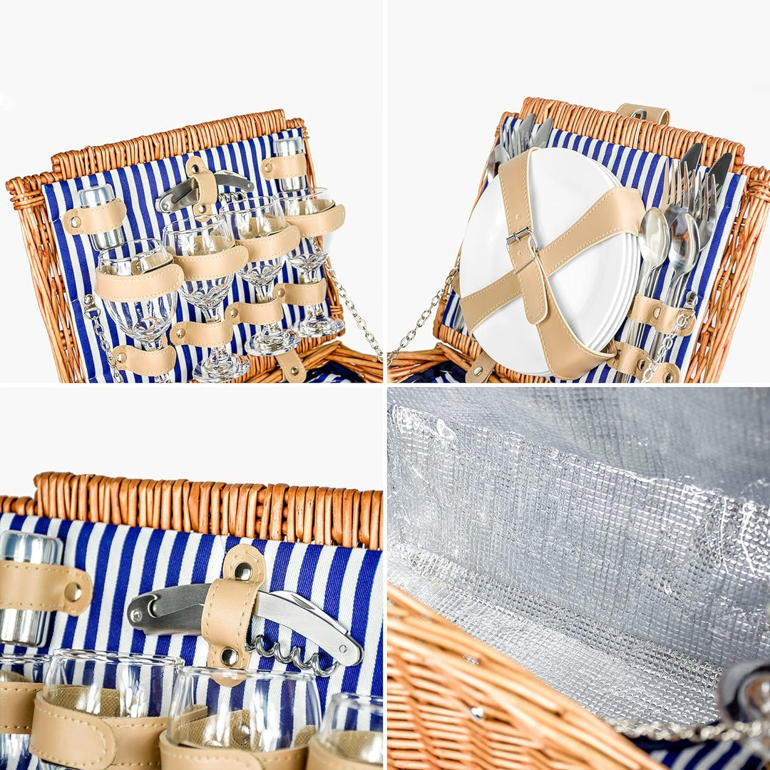 Zolta Picknickkorb 4 Personen - Korb mit Deckel - Weidenkorb mit Picknick Geschirr und Thermischer E