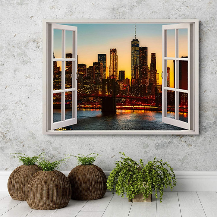 Feeby Wandbild Manhattan Druckbild Leinwandbild Fenster-Illusion Braun 90x60 cm Leinwandbild 90x60 c
