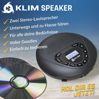 KLIM Speaker + CD Player mit Lautsprecher + NEU 2024 + Wiederaufladbarer Akku + Tragbarer CD-Spieler
