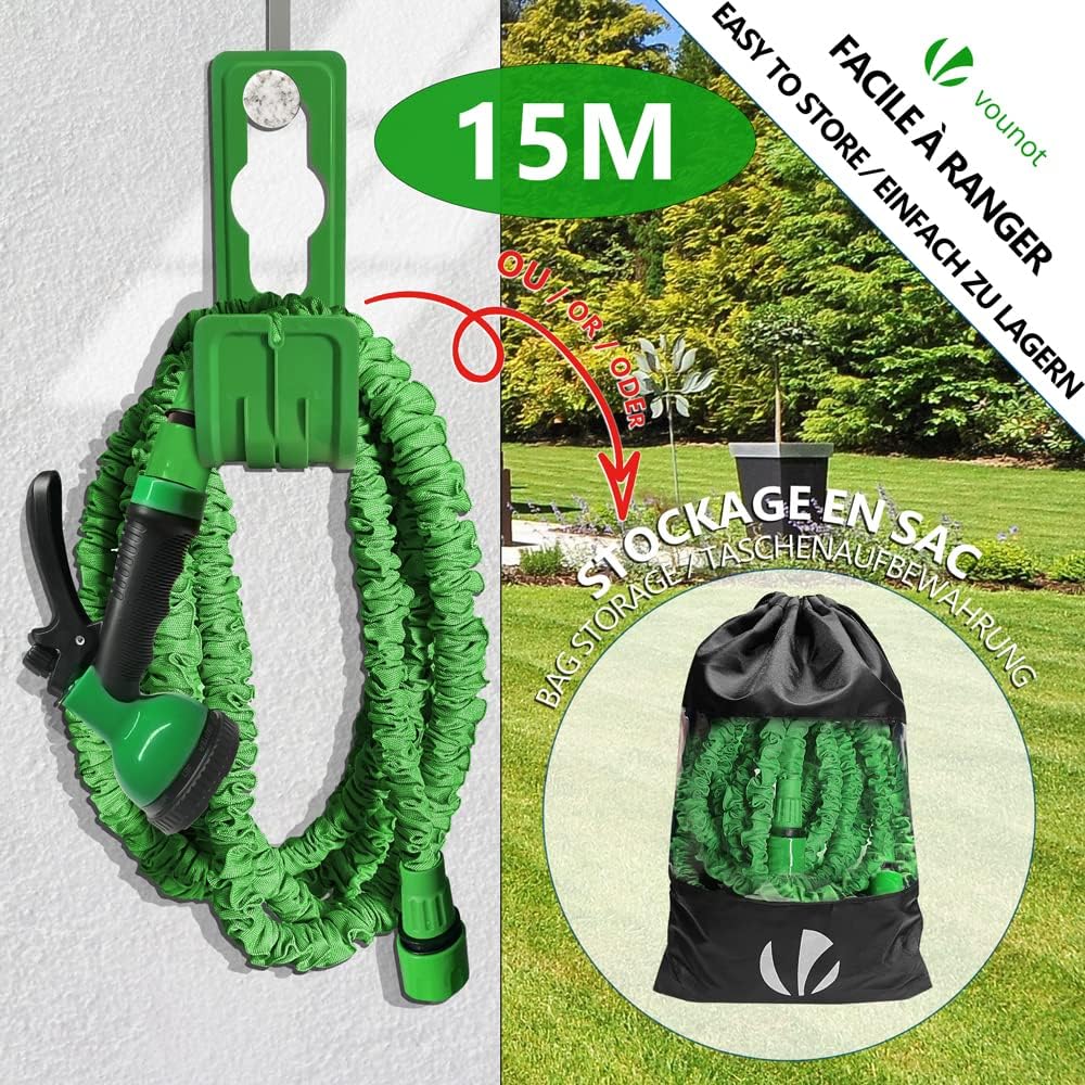 VOUNOT Flexibler Gartenschlauch 15 m, Flexibel Wasserschlauch Dehnbarer mit 10 Sprühfunktionen, Schn