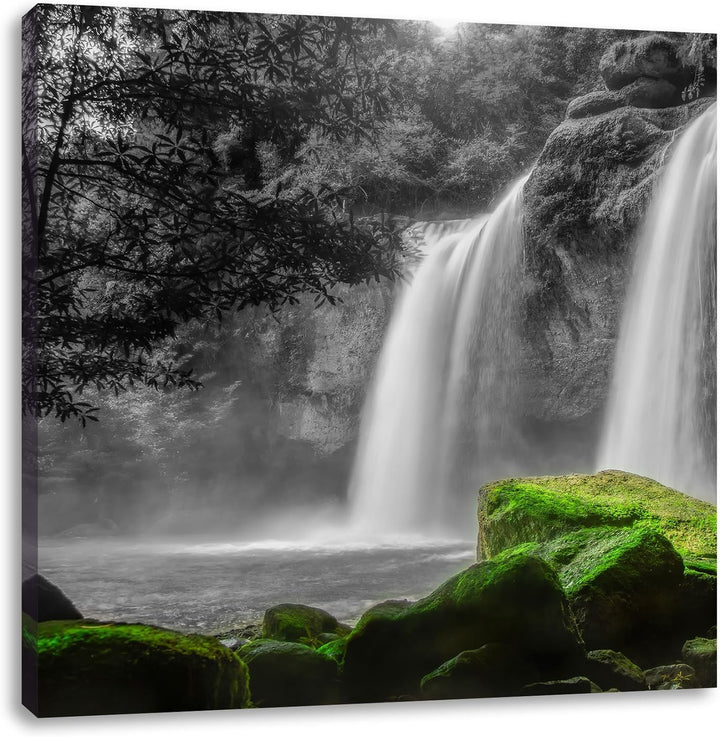 Pixxprint Traumhafter Wasserfall im Dschungel schwarz/weiss, Format: 70x70 auf Leinwand, 70x70