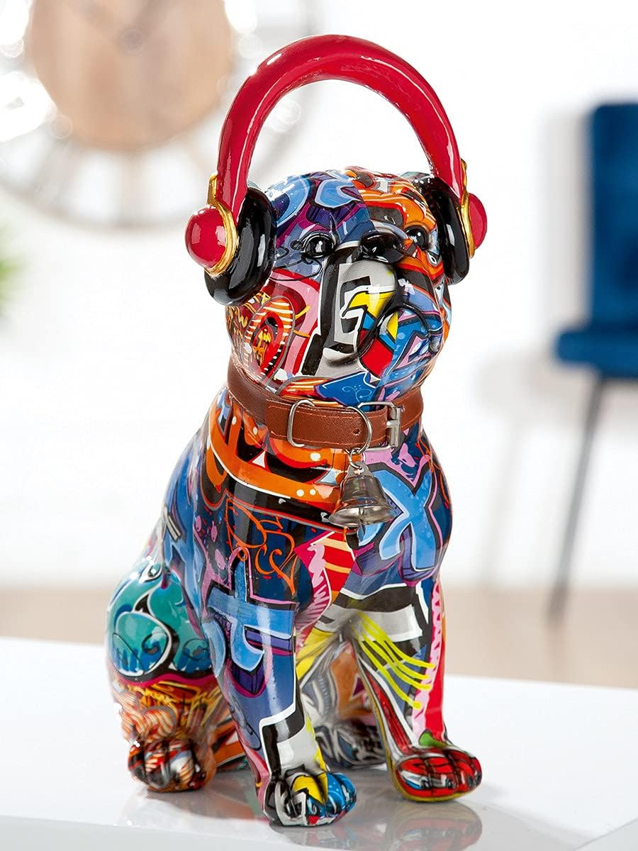 Dreamlight Moderne Skulptur Dekofigur Mops mit Kopfhörern Hund POP Art aus Kunststein Mehrfarbig 13x