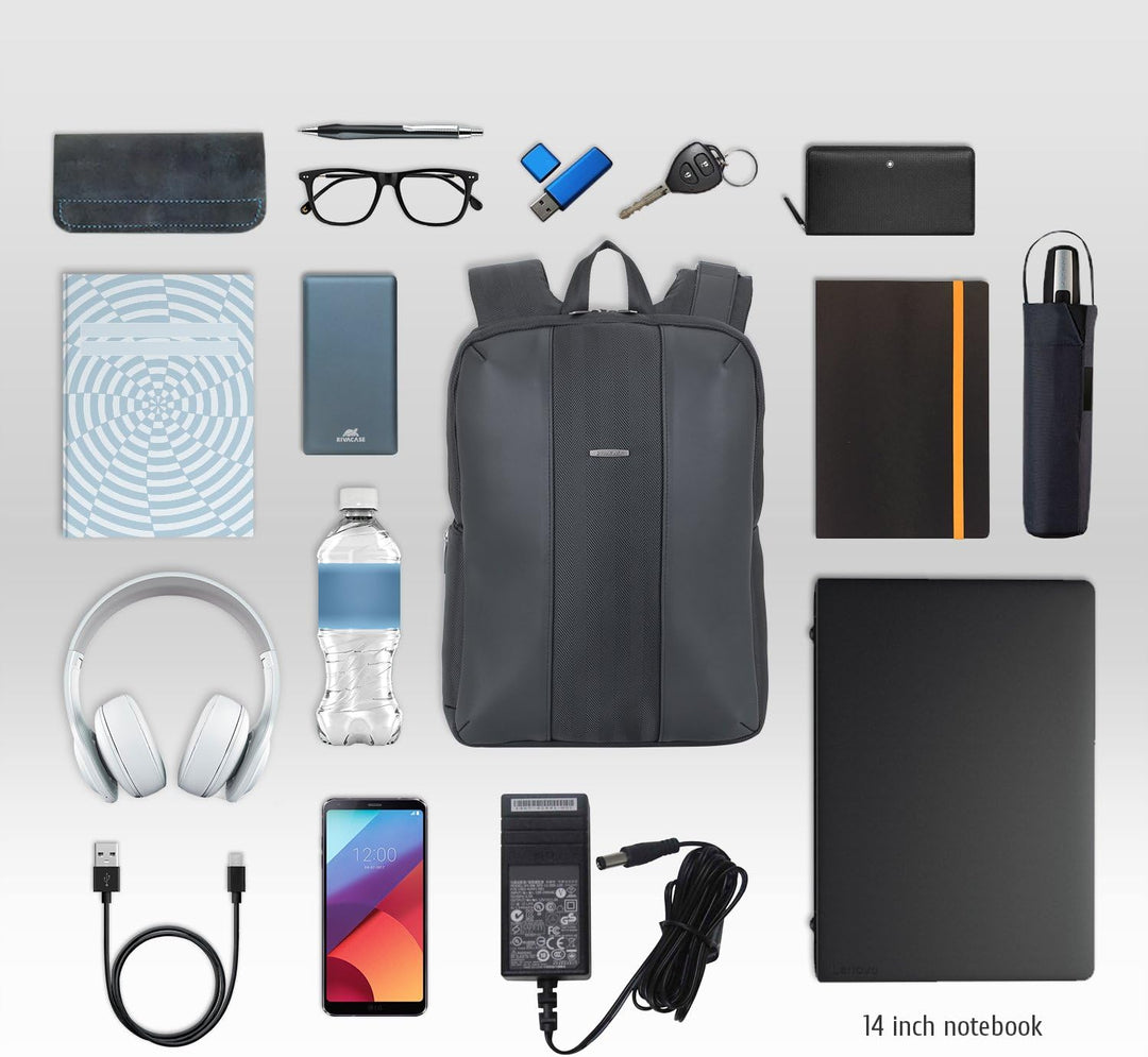 RIVACASE leichter Laptop Rucksack bis 14 Zoll – Stadtrucksack aus Polyester und Kunstleder mit extra