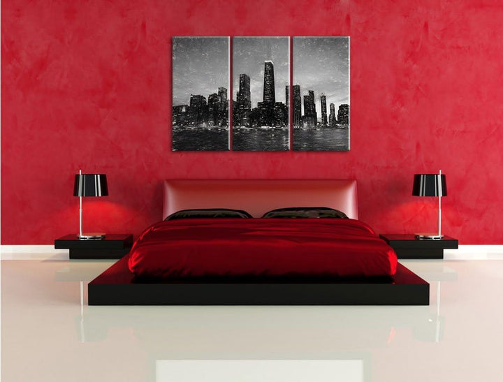 Pixxprint Chicago-Wolkenkratzer-Silhouette als Leinwandbild/Grösse: 3 Teilig (120x80 cm) cm/Wandbild