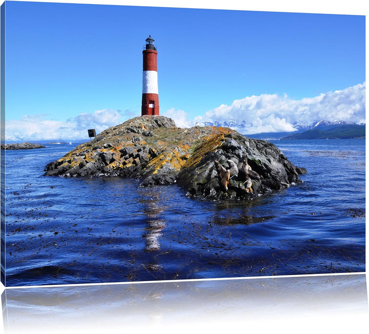 Pixxprint Leuchtturm mit Robben als Leinwandbild/Grösse: 100x70 cm/Wandbild/Kunstdruck/fertig bespan