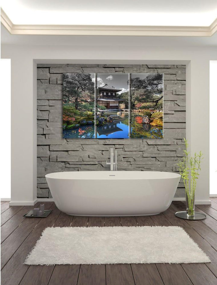 Pixxprint Ginkaku-ji-Tempel in Kyoto / 3-Teilig/Gesamtmass 120cm Leinwandbild bespannt auf Holzrahme