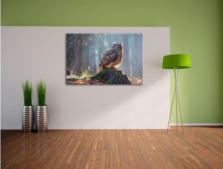 Pixxprint Eule auf dem Baumstamm als Leinwandbild/Grösse: 100x70 / Wandbild/Kunstdruck/fertig bespan