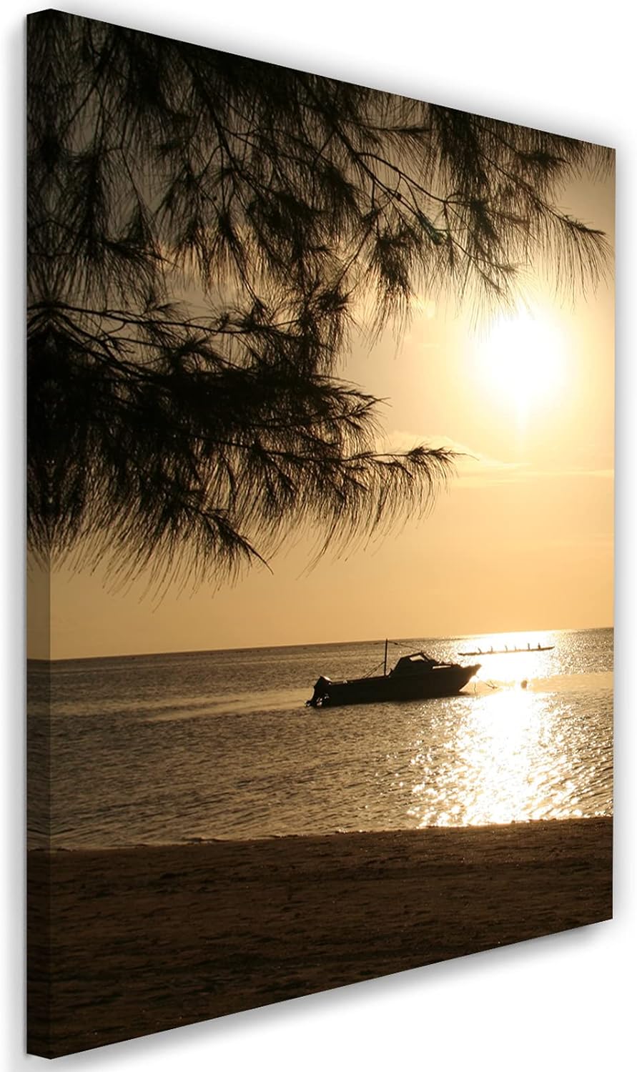 Feeby Vlies Leinwandbild Wellen Boot Strand 60x90 cm Druckbild Wandbild Wanddekoration Deko Wand Aes