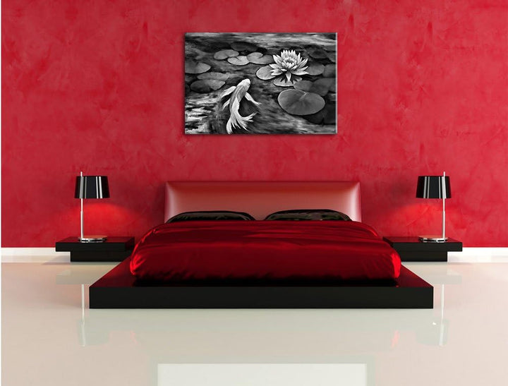 Pixxprint Koi mit Seerose Kunst / 100x70cm Leinwandbild bespannt auf Holzrahmen/Wandbild Kunstdruck