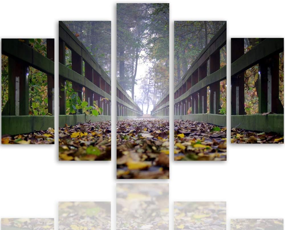 Leinwandbild Brücke 5 TLG Bild Kunstdruck Blätter Herbst Landschaft bunt 100x70 cm Leinwandbild 100x