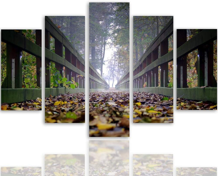 Leinwandbild Brücke 5 TLG Bild Kunstdruck Blätter Herbst Landschaft bunt 100x70 cm Leinwandbild 100x
