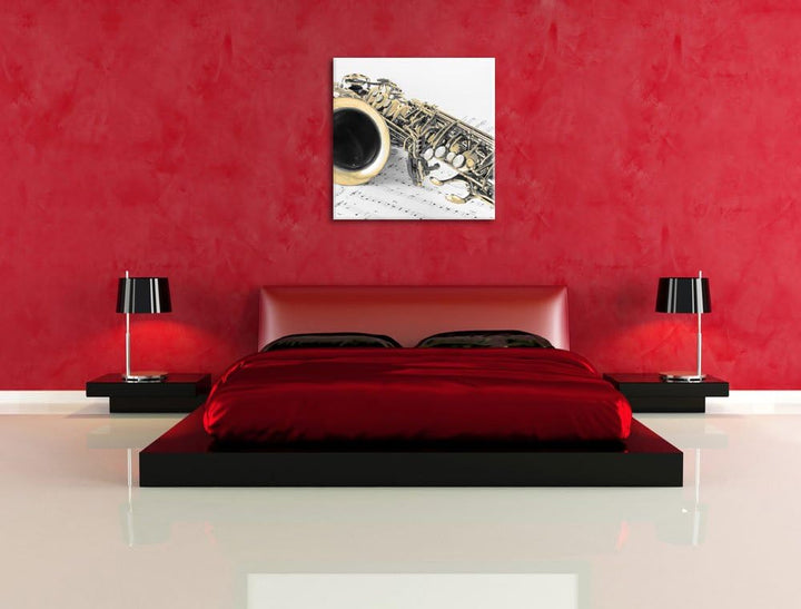 Pixxprint Saxophon auf Notenpapier als Leinwandbild/Grösse: 70x70 cm/Wandbild/Kunstdruck/fertig besp