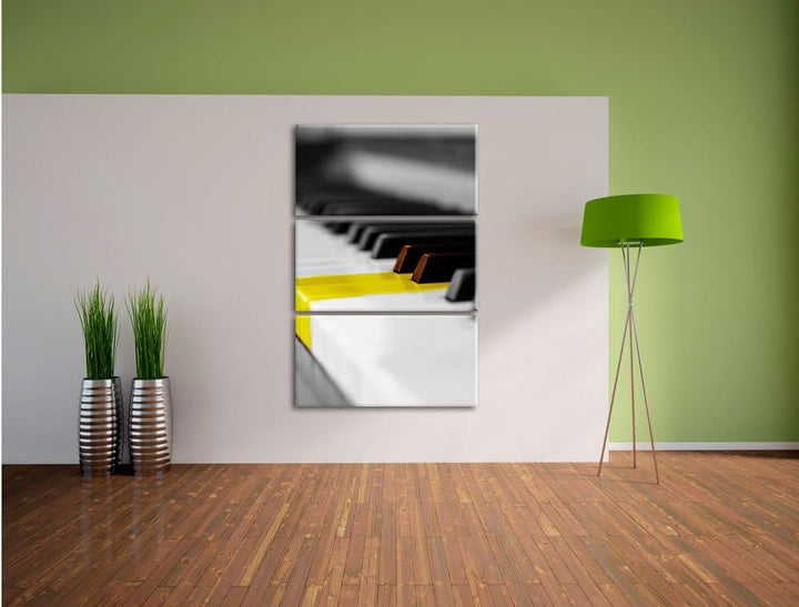 Pixxprint schönes Klavier mit gelben Tasten schwarz/weiss 3-Teiler Leinwandbild 120x80 Bild auf Lein