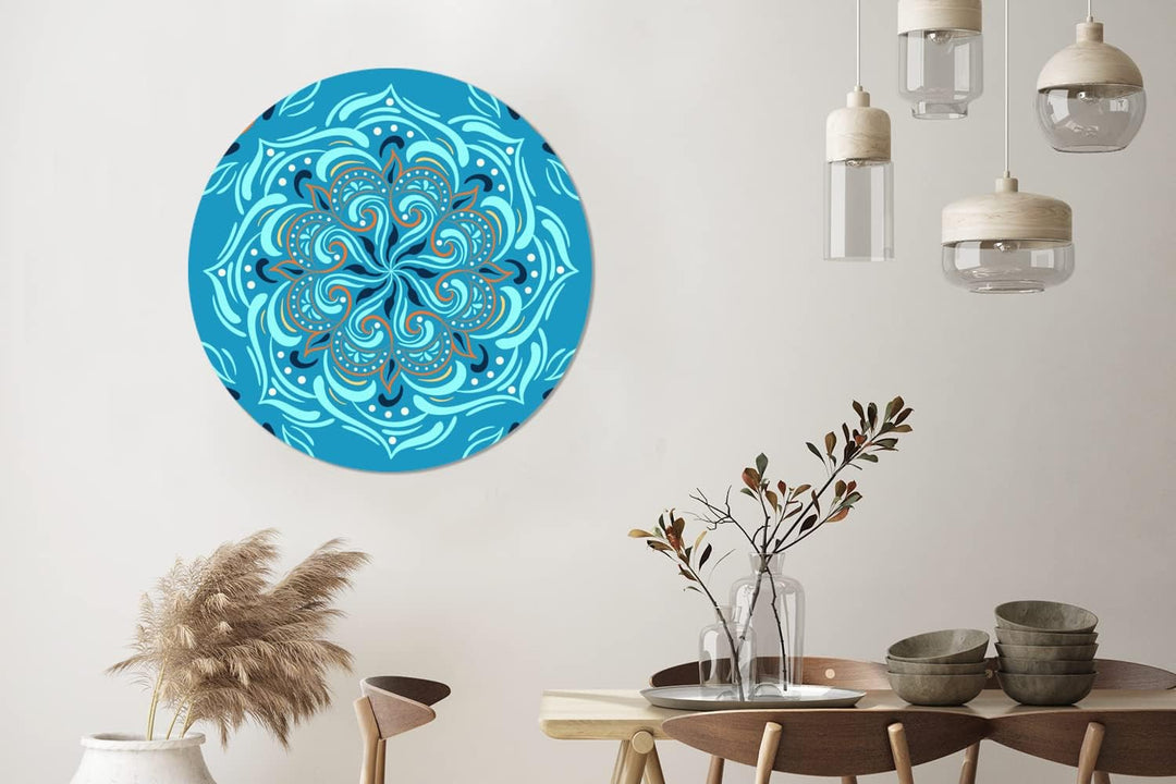 Wandbild Rund Wanddeko Deko Wohnzimmer Bilder 90x90 cm Mandala - Blau - Orange - Muster, 90x90 cm