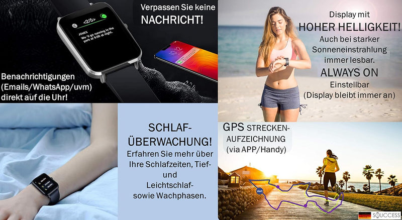 SOUCCESS FITNESSUHR MIT Full Touch Display, SMARTWATCH Always ON Display, FITNESSTRACKER, PULSMESSER