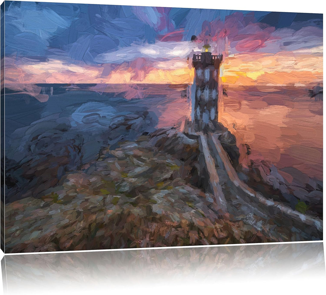 Pixxprint Leuchtturm im Sonnenuntergang als Leinwandbild/Grösse: 100x70 / Wandbild/Kunstdruck/fertig
