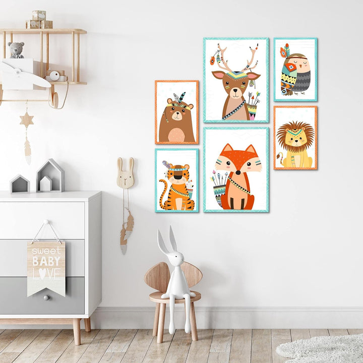 Novart Bilder Set - AUFHÄNGFERTIG - KEIN EXTRA RAHMEN BENÖTIGT - Tiere Modern Indianer - Kinderzimme