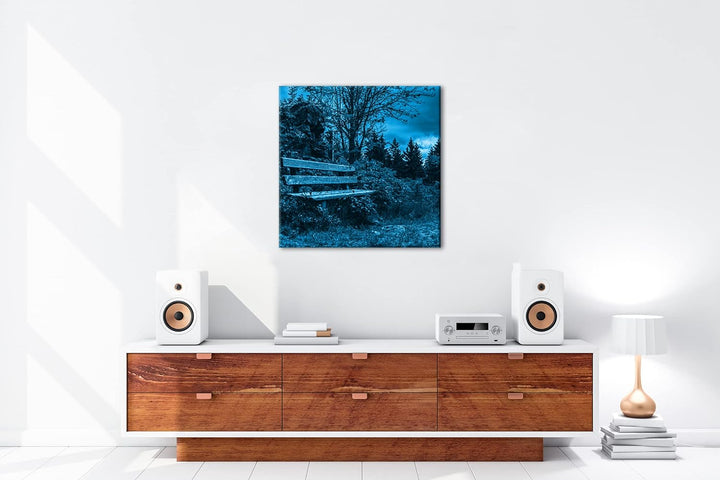 deyoli einsame Bank am Waldrand Format: 70x70 Effekt: Monocrome Blau als Leinwandbild, Motiv fertig