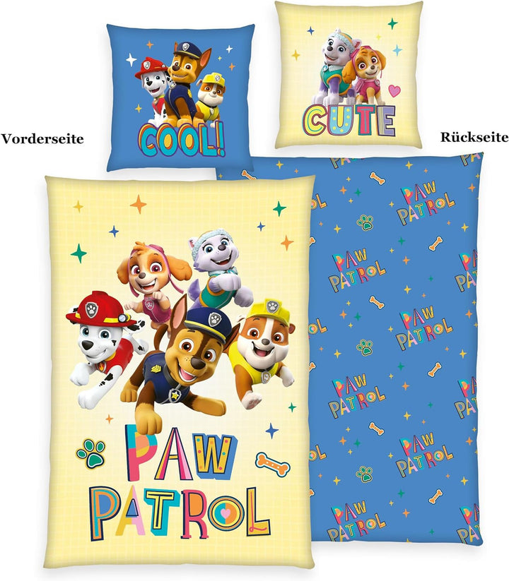 Herding Bettwäsche-Set, Paw Patrol, Kopfkissenbezug 80 x 80 cm mit Reissverschluss und Wende-Motiv,