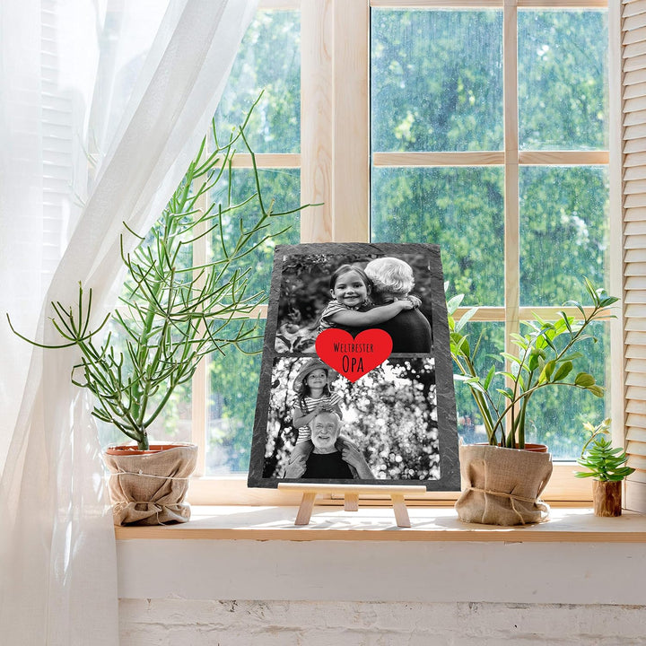 wandmotiv24 Schiefertafel Bester Opa mit Holz-Staffelei, Personalisiert mit 2 Schwarzweiss-Fotos, Di