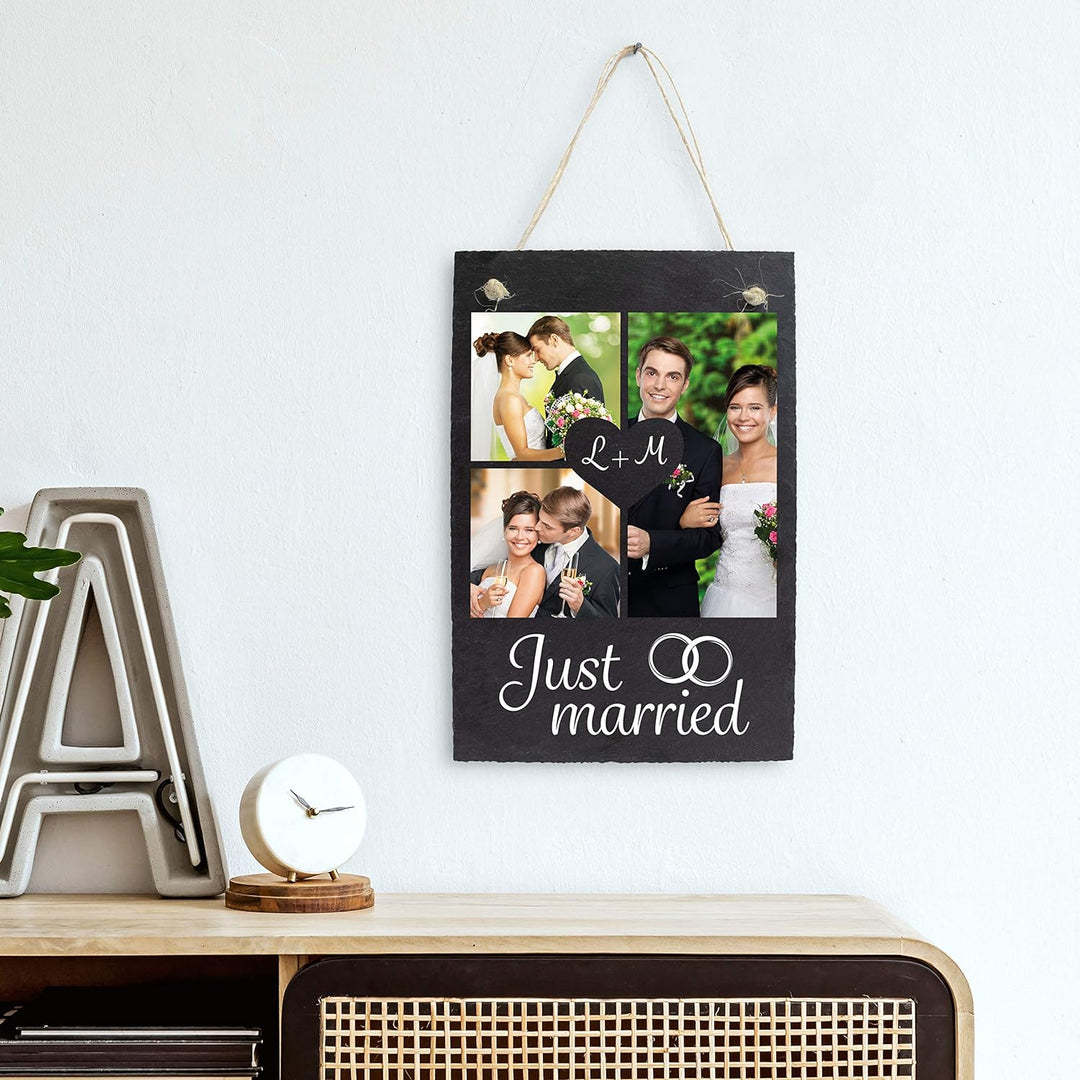wandmotiv24 Schiefertafel Hochzeit Just Married, Aufhängeschild mit Strick, Personalisierbar Digital