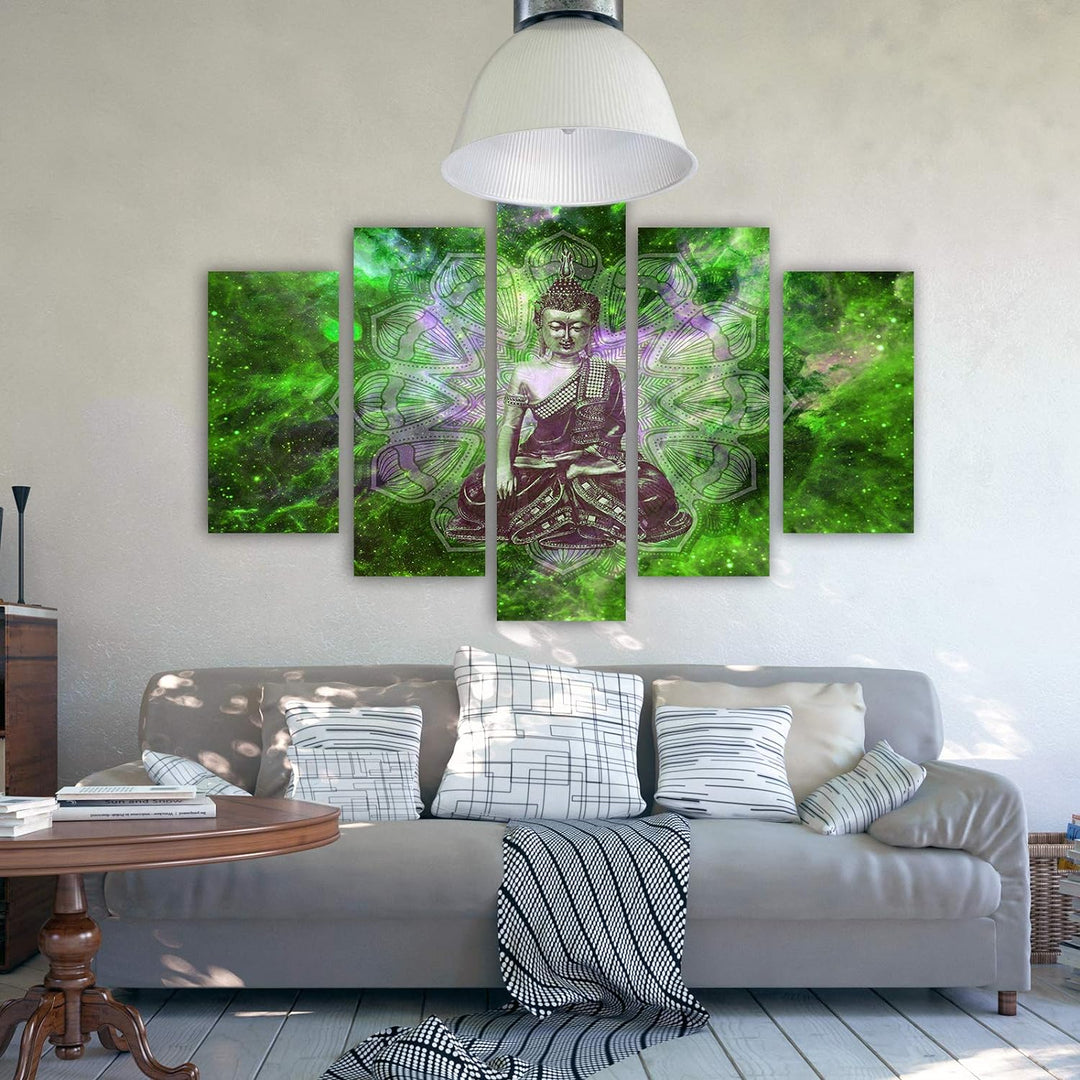 Feeby Bilder Abstrakt 300x140 cm Leinwandbild 5 Teilig XXL Kunstdruck modern Buddha grün Leinwandbil