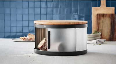 WMF Gourmet Brotkasten rund 32 x 13 cm, mit Schneidbrett, Brottrommel, Bambus, Cromargan Edelstahl,