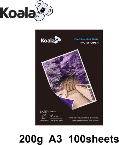 KOALA Fotopapier für Laserdrucker, Doppelseitig, Matt, A3, 200 g/m², 100 Blatt. Geeignet zum Drucken