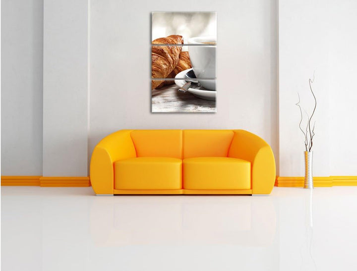 Pixxprint Frische Croissants und Kaffee als Leinwandbild/Grösse: 3 Teilig (120x80 cm) cm/Wandbild/Ku