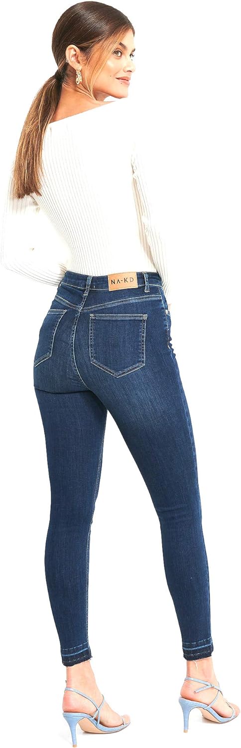 NA-KD Damen Skinny High Waist Open Hem Jeans, dunkelblau , 40 EU