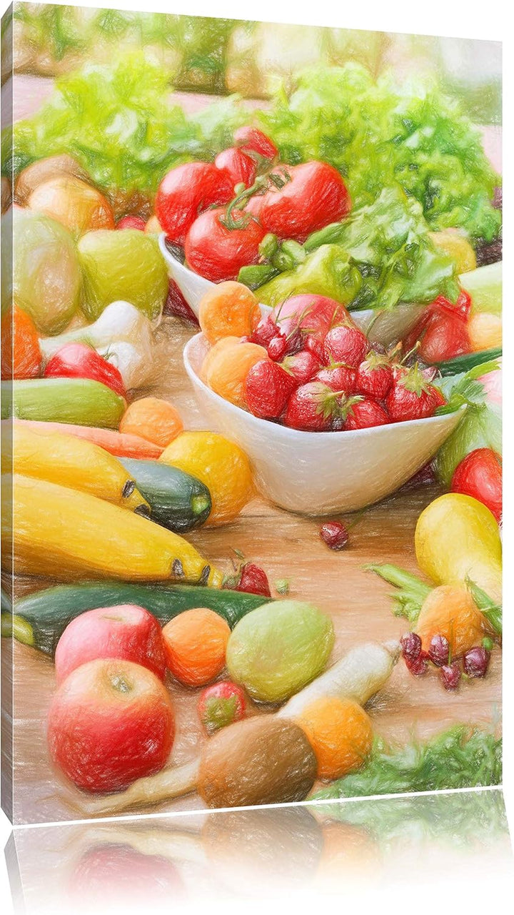 Pixxprint Buntes Obst und Gemüse / 100x70cm Leinwandbild bespannt auf Holzrahmen/Wandbild Kunstdruck