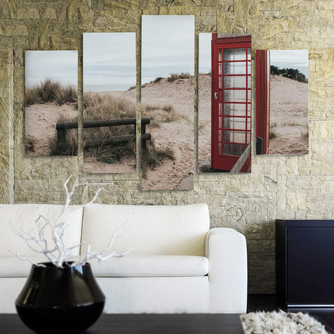 Bilder 5 Teilig Landschaft Deco Panel Kunst Telefonzelle Strand Sand rot 100x70 cm Deco panel 100x70