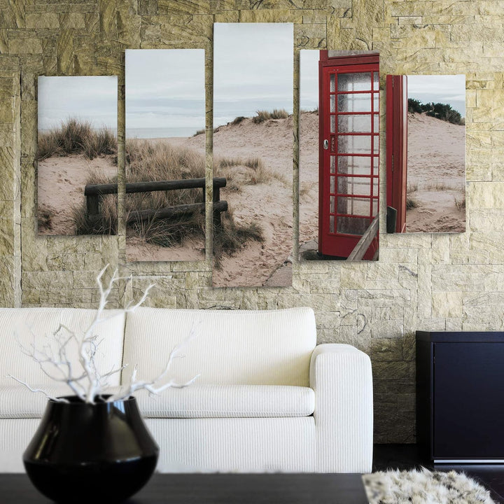 Bilder 5 Teilig Landschaft Deco Panel Kunst Telefonzelle Strand Sand rot 100x70 cm Deco panel 100x70