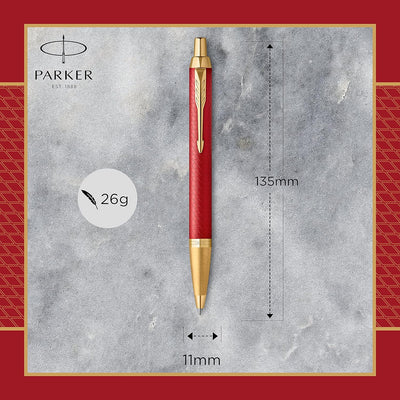 Parker IM Kugelschreiber, rote Premiumlackierung mit goldenen Zierteilen, mittlere Schreibspitze mit