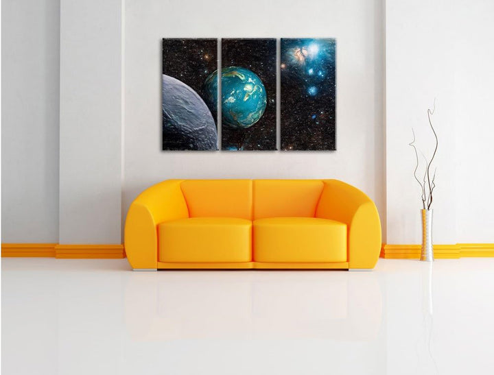 Pixxprint Planet Erde im Kosmos / 3-Teilig/Gesamtmass 120cm Leinwandbild bespannt auf Holzrahmen/Wan