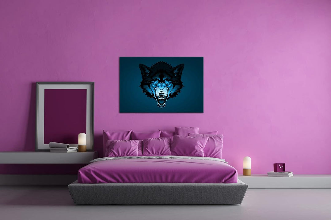 deyoli Böser Wolf Illustration Format 80x60 Effekt: Monocrome Blau als Leinwandbild, Motiv fertig ge