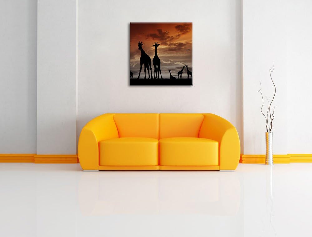 Pixxprint Afrika Giraffen im Sonnenuntergang schwarz/weiss, Format: 70x70 auf Leinwand, 70x70