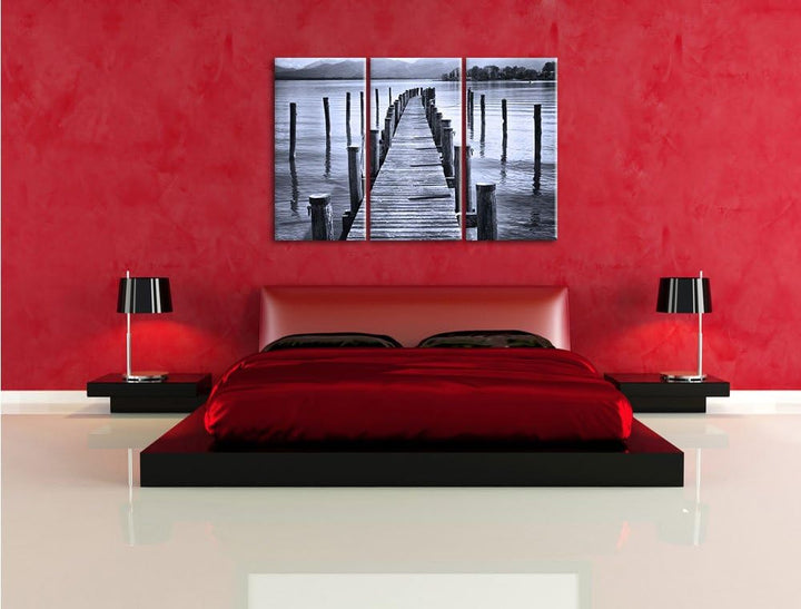 Pixxprint Langer Holzsteg ins Meer als Leinwandbild/Grösse: 3 Teilig (120x80 cm) cm/Wandbild/Kunstdr