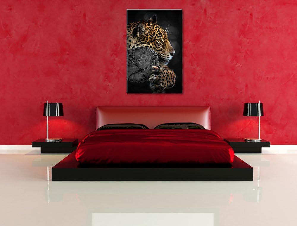 Dark prächtiger Leopard auf Stamm schwarz/weiss Format: 100x70auf Leinwand, XXL riesige Bilder ferti