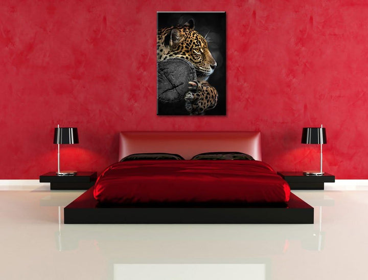 Dark prächtiger Leopard auf Stamm schwarz/weiss Format: 100x70auf Leinwand, XXL riesige Bilder ferti