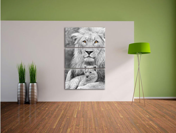 Pixxprint liebevoller Löwe kuschelt mit Jungtier schwarz/weiss 3-Teiler Leinwandbild 120x80 Bild auf