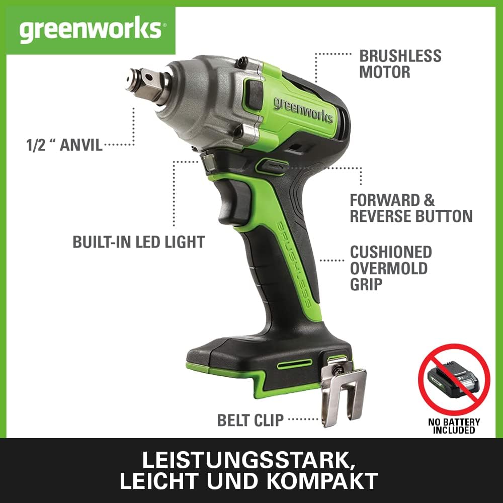 Greenworks GD24IW400 Akku Schlagschrauber mit bürstenlosem Motor, 0-2800 U/min, 0-4000ipm, 400Nm Dre