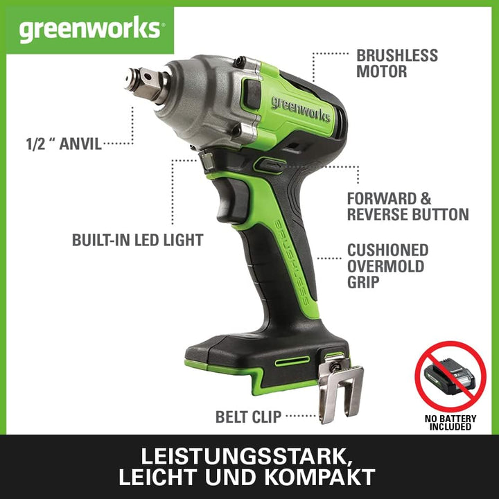 Greenworks GD24IW400 Akku Schlagschrauber mit bürstenlosem Motor, 0-2800 U/min, 0-4000ipm, 400Nm Dre