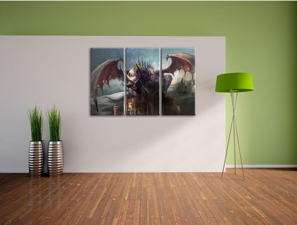 Pixxprint der Drache auf der Festung als Leinwandbild - Grösse: 3-Teilig (120x80cm) - Wandbild - Kun