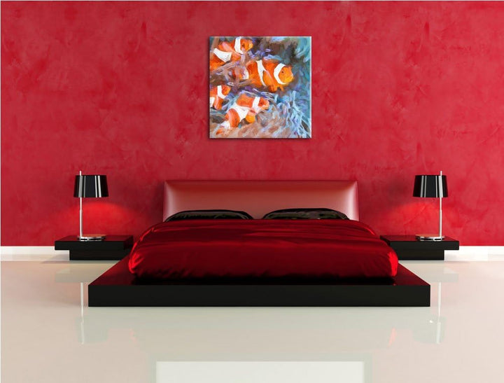 Pixxprint süsse Clownfische in Anemone als Leinwandbild/Grösse: 70x70 cm/Wandbild/Kunstdruck/fertig