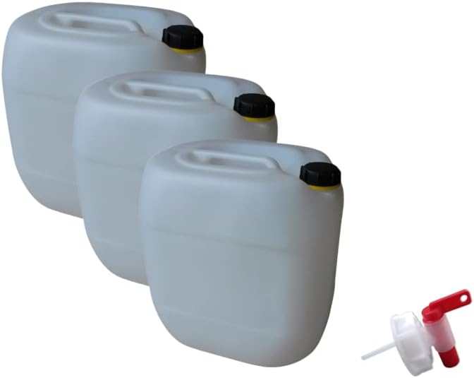 kanister-vertrieb® 3 Stück 30 L Kanister Wasserkanister Kunststoffkanister natur DIN61 + Hahn + Etik
